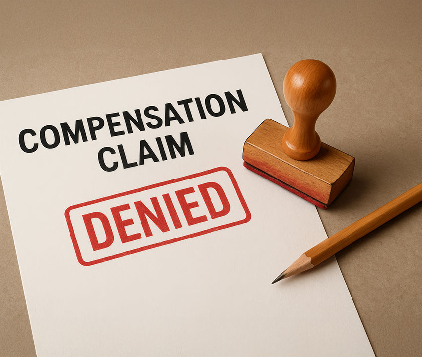 A document with COMPENSATION CLAIM text, stamped DENIED in red, next to a rubber stamp and pencil, symbolizing the negative consequences of cheap insurance.