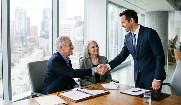 Business owners shaking hands with insurance consultant