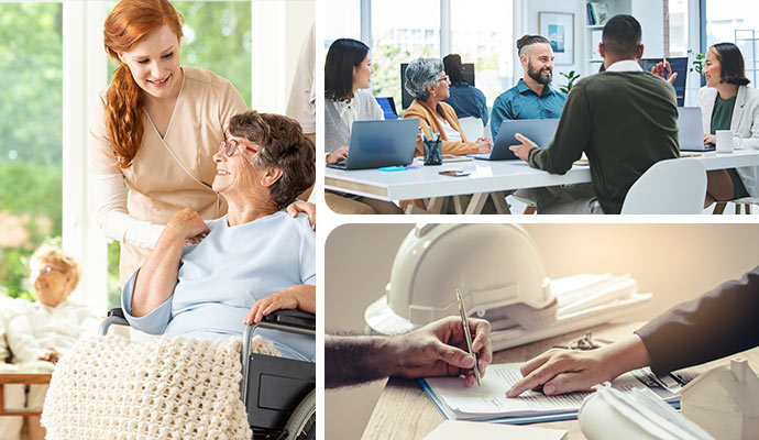 Collage of assisting a senior woman, office collaborating in a meeting, and contract agreement signing