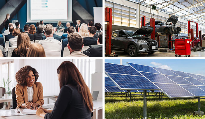 Collage of corporate presentation, auto repair, office meeting, and solar panels