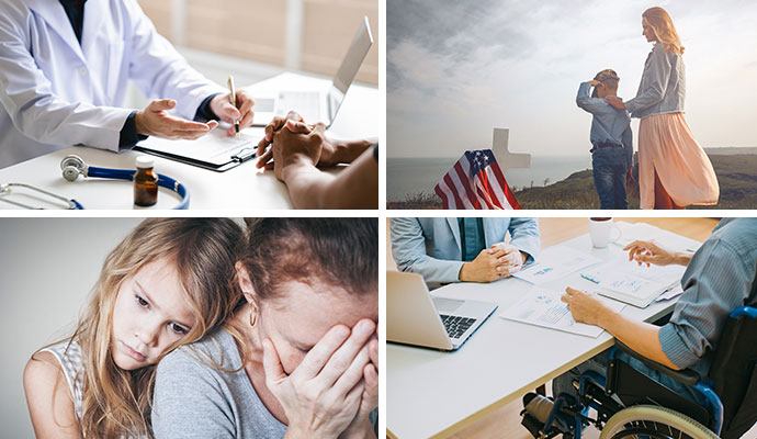 Collage of medical care, family support, disability, and rehabilitation benefits