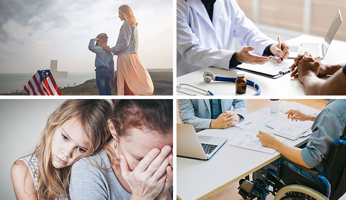 Collage of medical care, family support, disability, and rehabilitation benefits