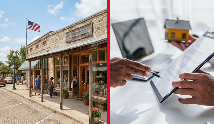 Collage of storefronts in Irving and general liability insurance contracts
