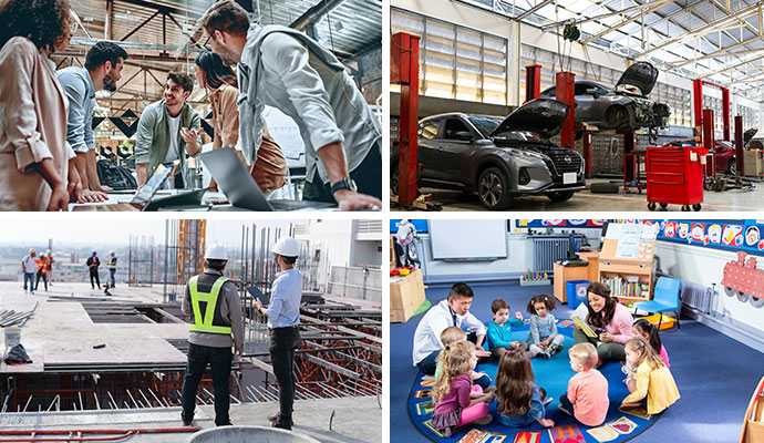 Collage showing automotive, consulting, contractors, and day care industries