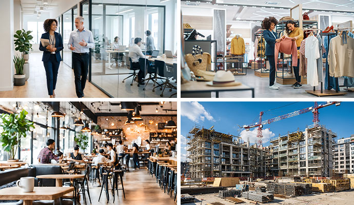 Collage showing office, retail store, restaurant, and construction project areas