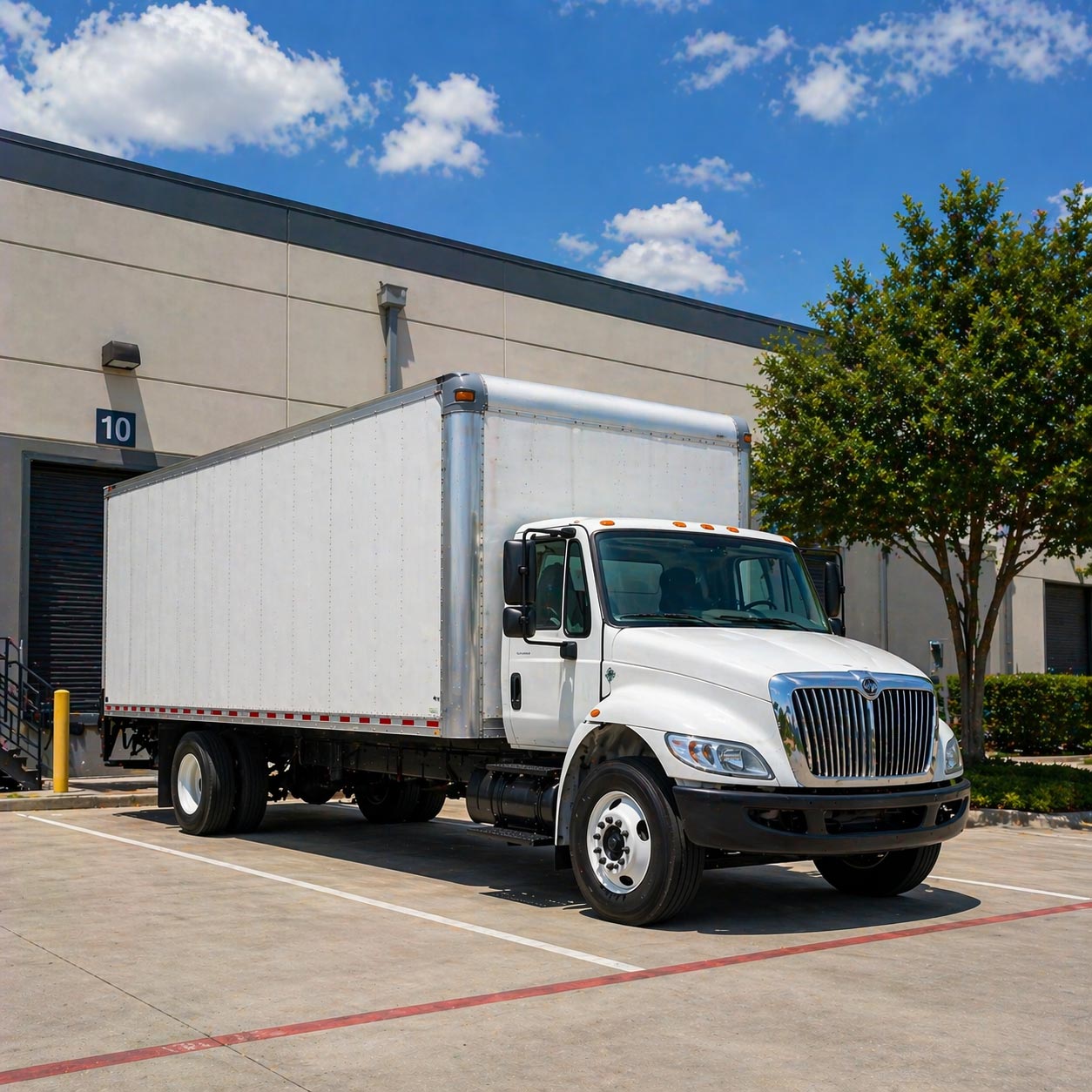 Commercial vehicle parked in a industrial parking lot