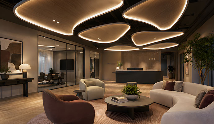 Modern corporate office reception area with stylish and lighting