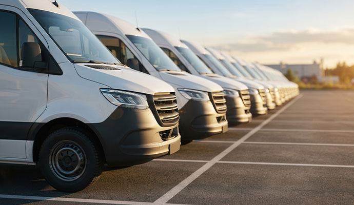 Fleet of commercial vans parked in a row