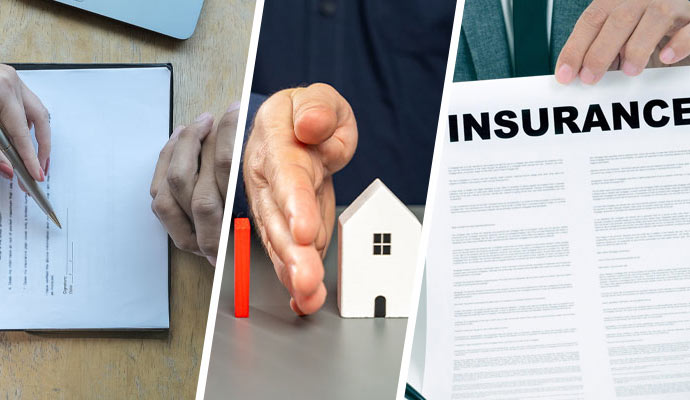 Collage of contract signing, property protection, and an insurance policy document