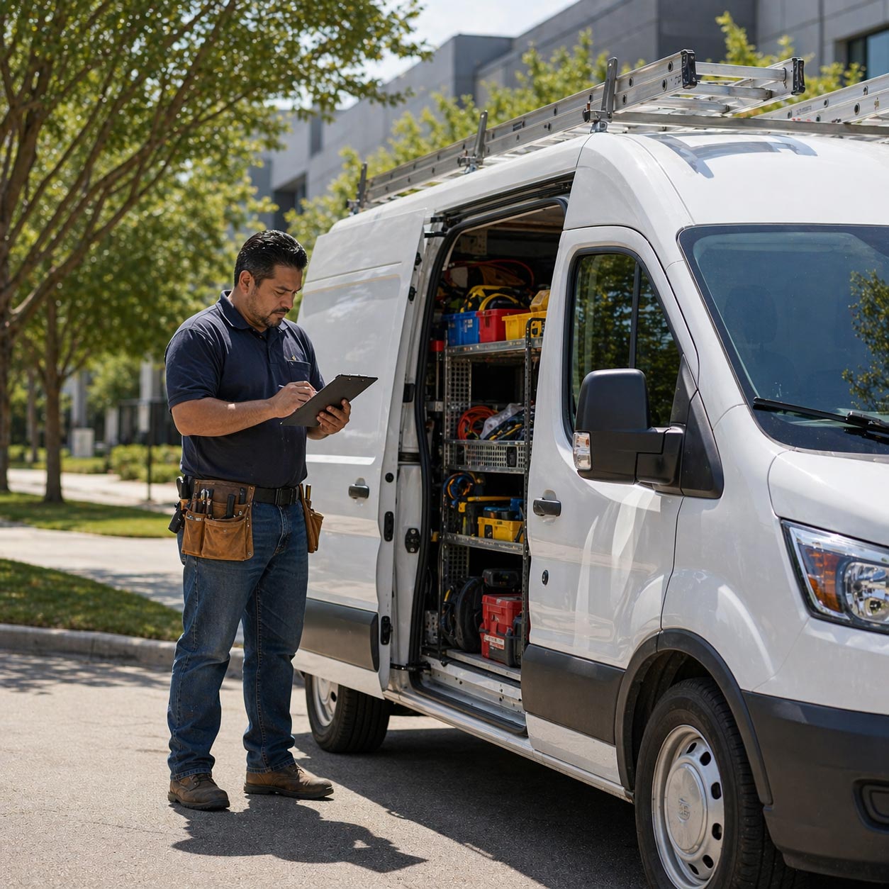 Professional technician checking tools and equipment beside a white service van